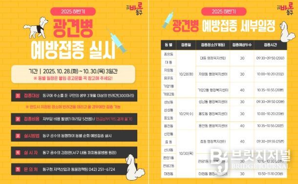 대전 동구, 2025년 하반기 ‘광견병 예방접종’ 실시