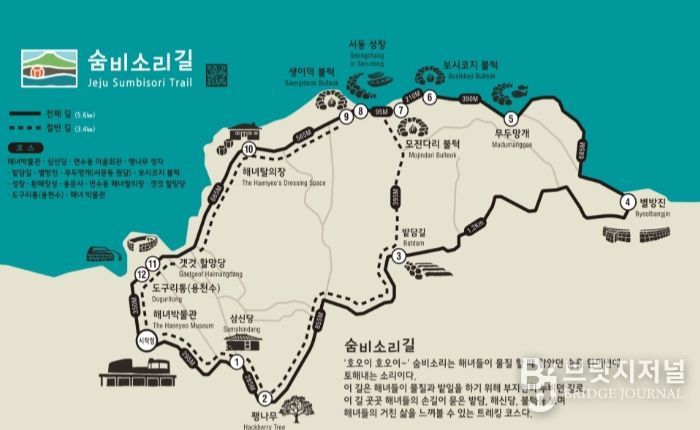 숨비소리길 안내 지도(절반길 : 삼신당-팽나무-밭담길-모진다리 불턱-해녀탈의장-갯것 할망당)