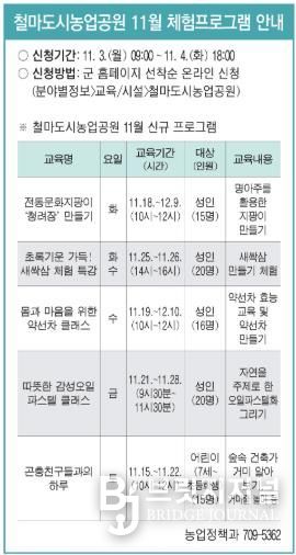기장군 철마도시농업공원, 11월 체험프로그램 운영