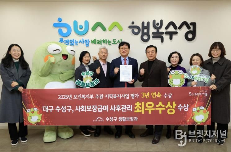 김대권 수성구청장과 관계 공무원들이 보건복지부가 주관한 ‘2025년 지역복지사업평가’사회보장급여 사후관리 부문에서 최우수상을 수상 후 기념 촬영을 하고 있다.