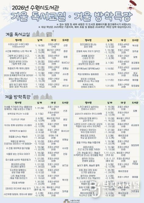 수원시도서관 2026년 겨울방학 독서문화프로그램 홍보물