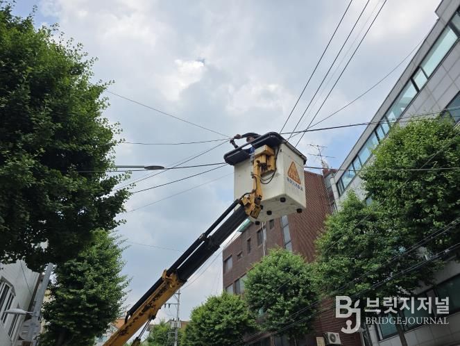 공중케이블 정비 중인 현장 모습