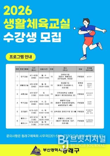 부산 동래구, ‘2026년 상반기 생활체육교실’ 수강생 모집