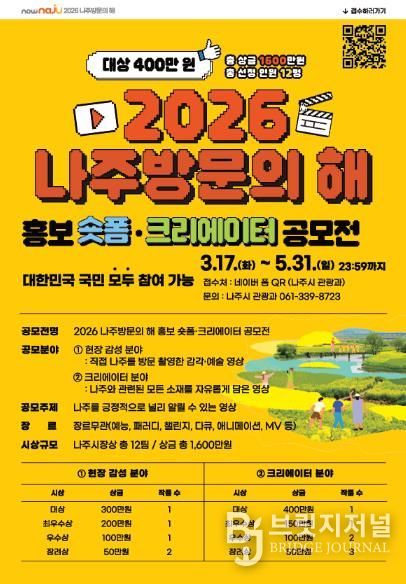 나주시가 오는 5월 31일까지 ‘2026 나주 방문의 해 홍보 숏폼 크리에이터 공모전’을 개최한다.